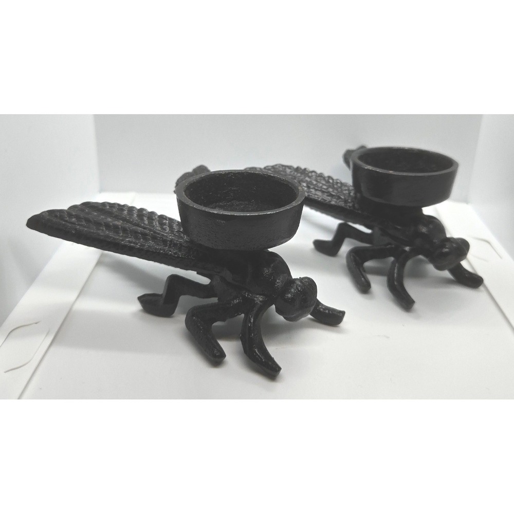 Pair of Cast Iron Dragonfly Tealight Candle Holders Rustic Decor